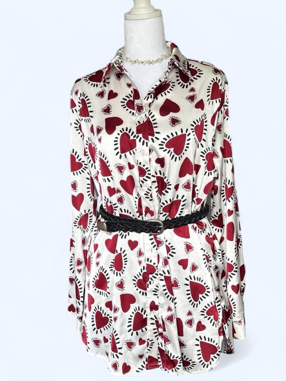 Red Heart Print Button-Up blouse tunic